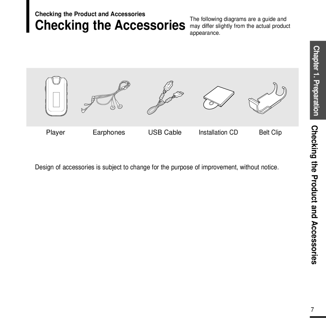 Samsung YP-F2J manual Preparation Checking the Product and Accessories, Player Earphones USB Cable Installation CD 