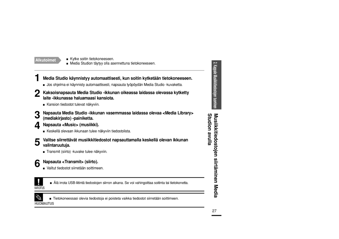 Samsung YP-F2RXB/XEE, YP-F2RZB/XEE, YP-F2RQB/XEE manual Napsauta Transmit siirto, Studion avulla, Siirtäminen, Media 