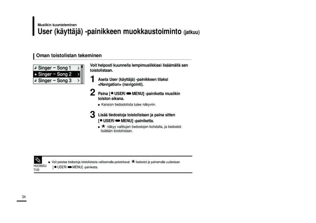 Samsung YP-F2RZB/XEE, YP-F2RXB/XEE, YP-F2RQB/XEE manual Oman toistolistan tekeminen, Kansion tiedostolista tulee näkyviin 