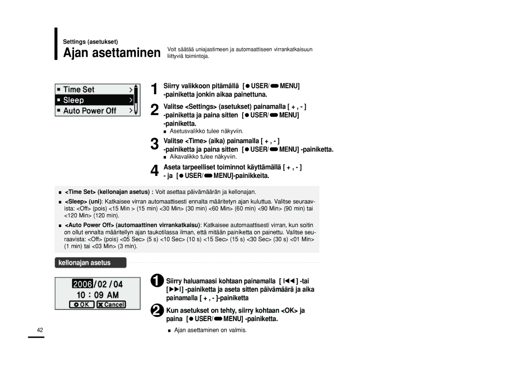 Samsung YP-F2RXB/XEE, YP-F2RZB/XEE manual Valitse Time aika painamalla +, Kellonajan asetus, Aikavalikko tulee näkyviin 