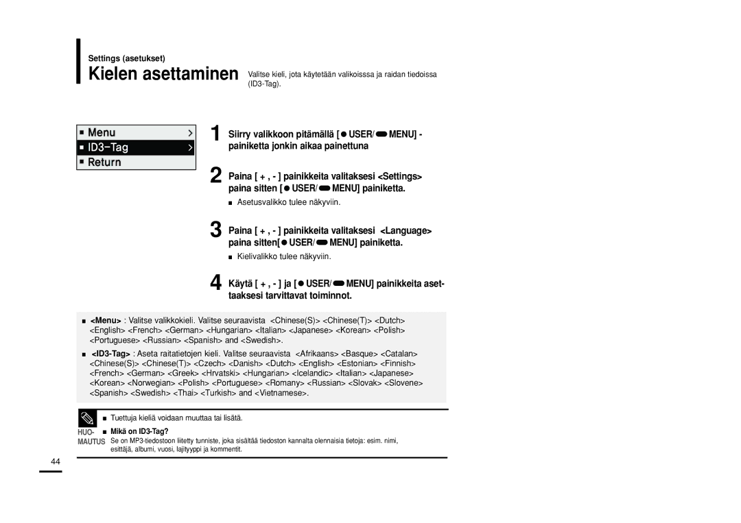 Samsung YP-F2RQB/XEE, YP-F2RXB/XEE, YP-F2RZB/XEE manual Kielivalikko tulee näkyviin, Mautus 