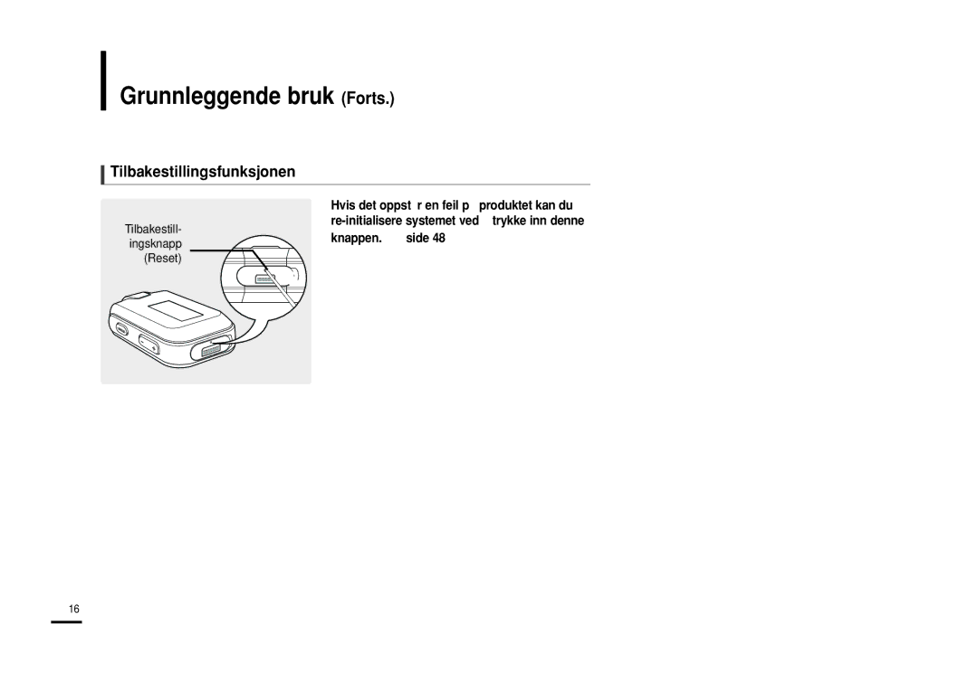 Samsung YP-F2RZB/XEE, YP-F2RXB/XEE, YP-F2RQB/XEE manual Tilbakestillingsfunksjonen, Tilbakestill- ingsknapp Reset 