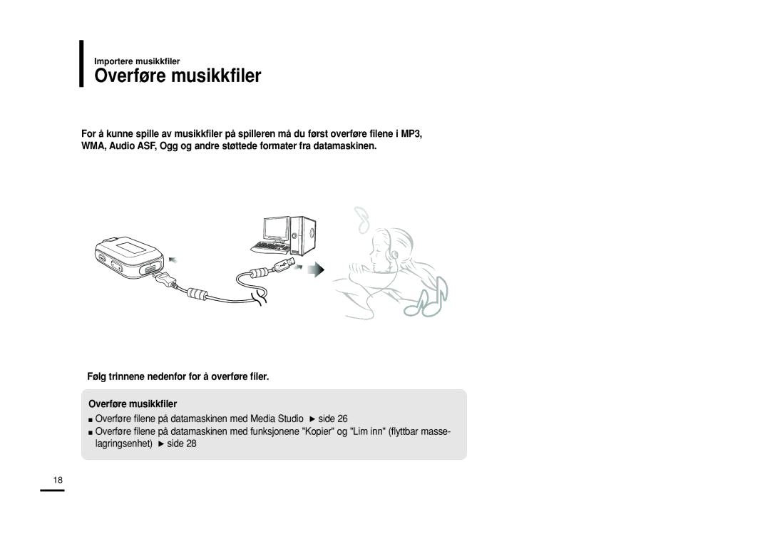 Samsung YP-F2RXB/XEE, YP-F2RZB/XEE, YP-F2RQB/XEE manual Overføre musikkfiler 