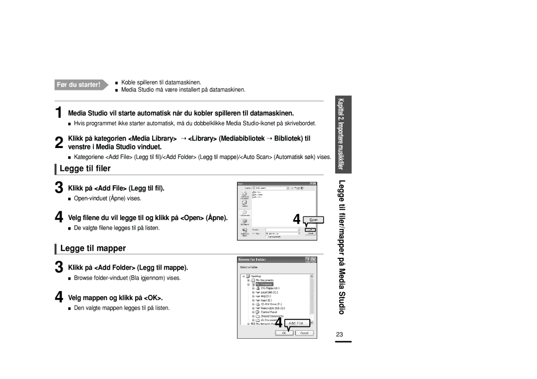 Samsung YP-F2RQB/XEE, YP-F2RXB/XEE, YP-F2RZB/XEE manual Legge til filer, Legge til mapper 