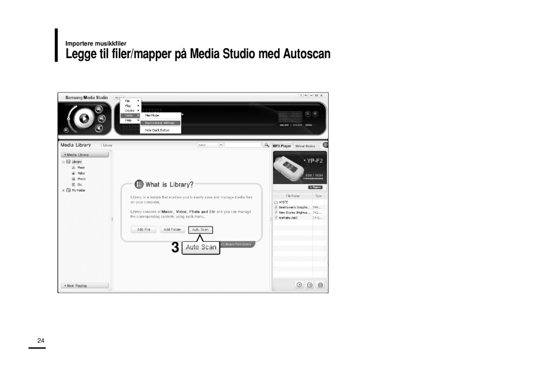 Samsung YP-F2RXB/XEE, YP-F2RZB/XEE, YP-F2RQB/XEE manual Legge til filer/mapper på Media Studio med Autoscan 