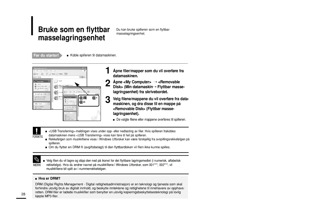 Samsung YP-F2RZB/XEE Bruke som en flyttbar masselagringsenhet, Åpne filer/mapper som du vil overføre fra datamaskinen 