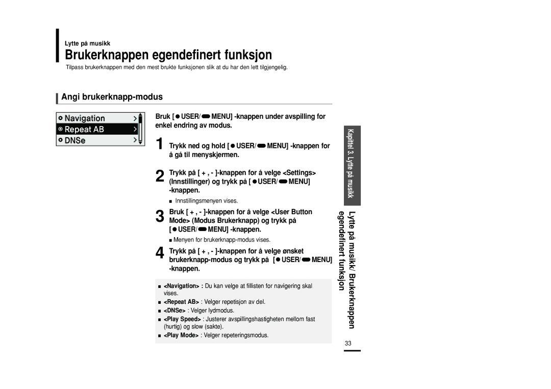 Samsung YP-F2RXB/XEE, YP-F2RZB/XEE manual Brukerknappen egendefinert funksjon, Angi brukerknapp-modus, USER/ Menu -knappen 