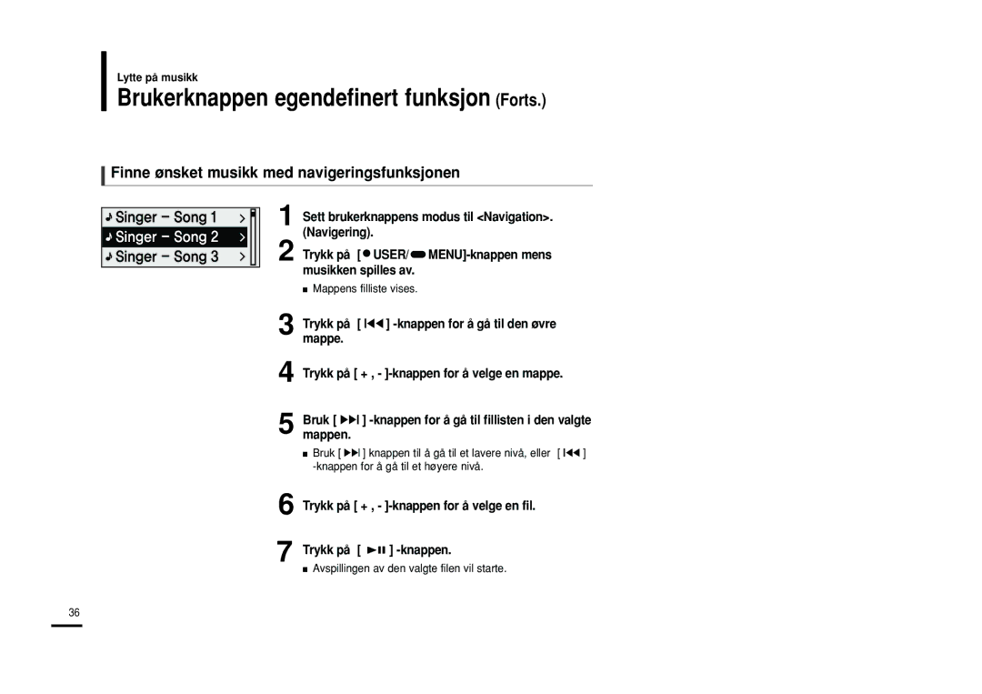 Samsung YP-F2RXB/XEE, YP-F2RZB/XEE, YP-F2RQB/XEE manual Trykk på + , -knappen for å velge en fil Trykk på -knappen 