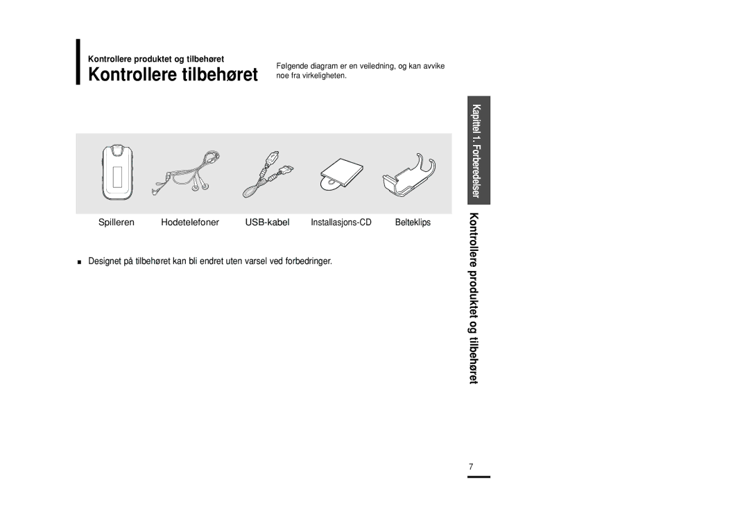 Samsung YP-F2RZB/XEE, YP-F2RXB/XEE, YP-F2RQB/XEE manual Kontrollere tilbehøret 