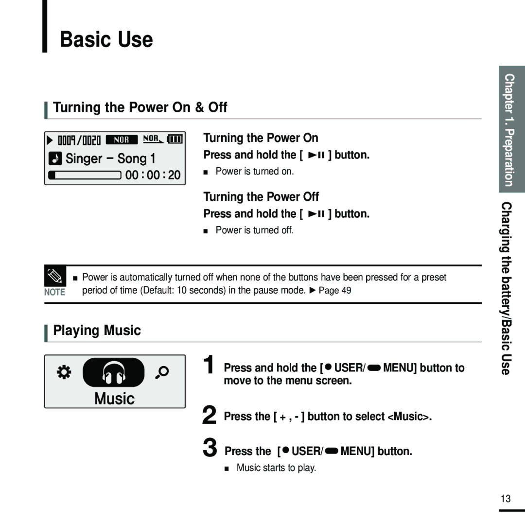 Samsung YP-F2RZB/XEE, YP-F2RZB/ELS manual Basic Use, Turning the Power On & Off, Playing Music, Press and hold the button 