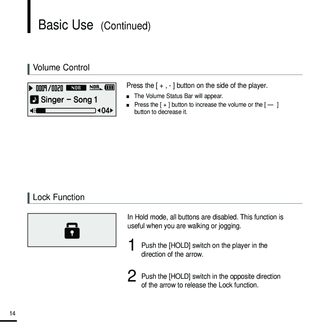 Samsung YP-F2RQB/XEE, YP-F2RZB/ELS manual Volume Control, Lock Function, Press the + , button on the side of the player 