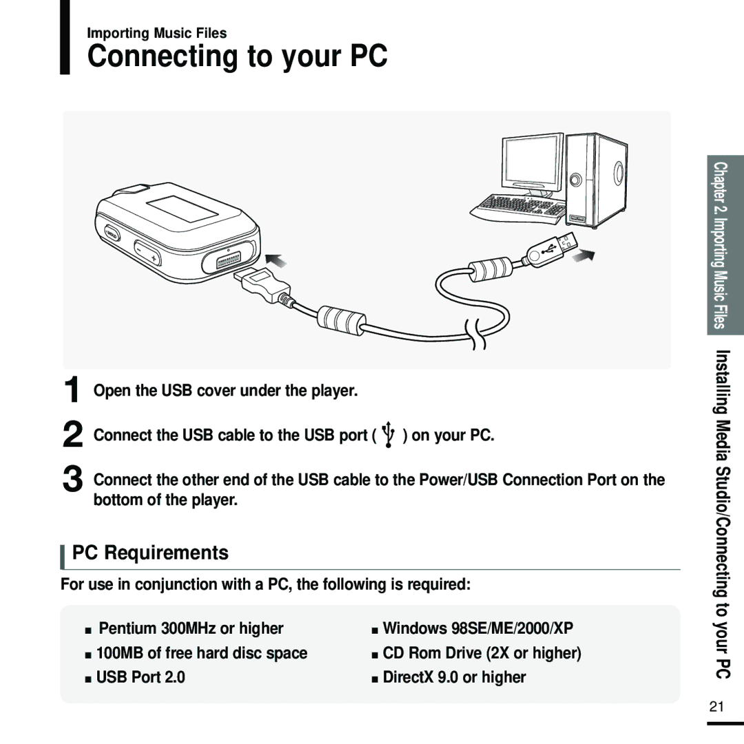 Samsung YP-F2RQB/XET, YP-F2RZB/ELS, YP-F2RQB/XEF, YP-F2RZW/ELS, YP-F2RZW/XEF manual Connecting to your PC, PC Requirements 