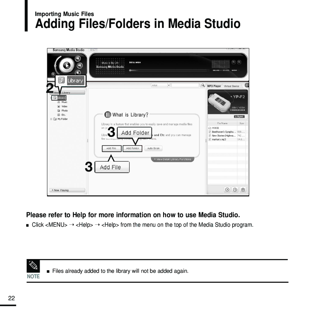 Samsung YP-F2RZW/XET, YP-F2RZB/ELS, YP-F2RQB/XEF, YP-F2RZW/ELS, YP-F2RZW/XEF, YP-F2XB/ELS Adding Files/Folders in Media Studio 