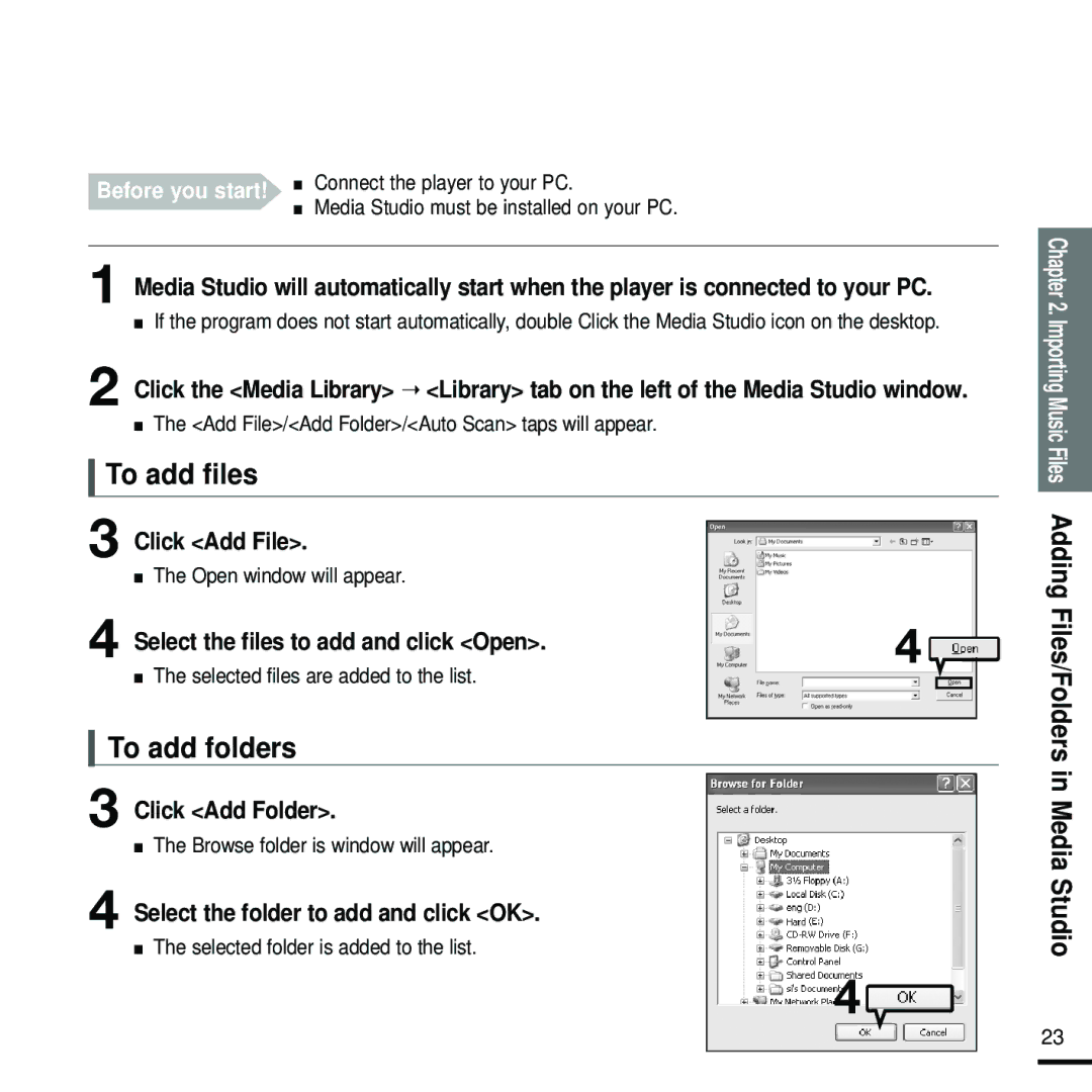 Samsung YP-F2RXB/ELS, YP-F2RZB/ELS, YP-F2RQB/XEF, YP-F2RZW/ELS, YP-F2RZW/XEF, YP-F2RQB/ELS manual To add files, To add folders 