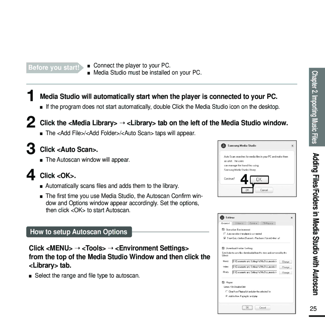 Samsung YP-F2RQB/XEH, YP-F2RZB/ELS, YP-F2RQB/XEF, YP-F2RZW/ELS, YP-F2RZW/XEF, YP-F2RQB/ELS manual Click Auto Scan, Click OK 