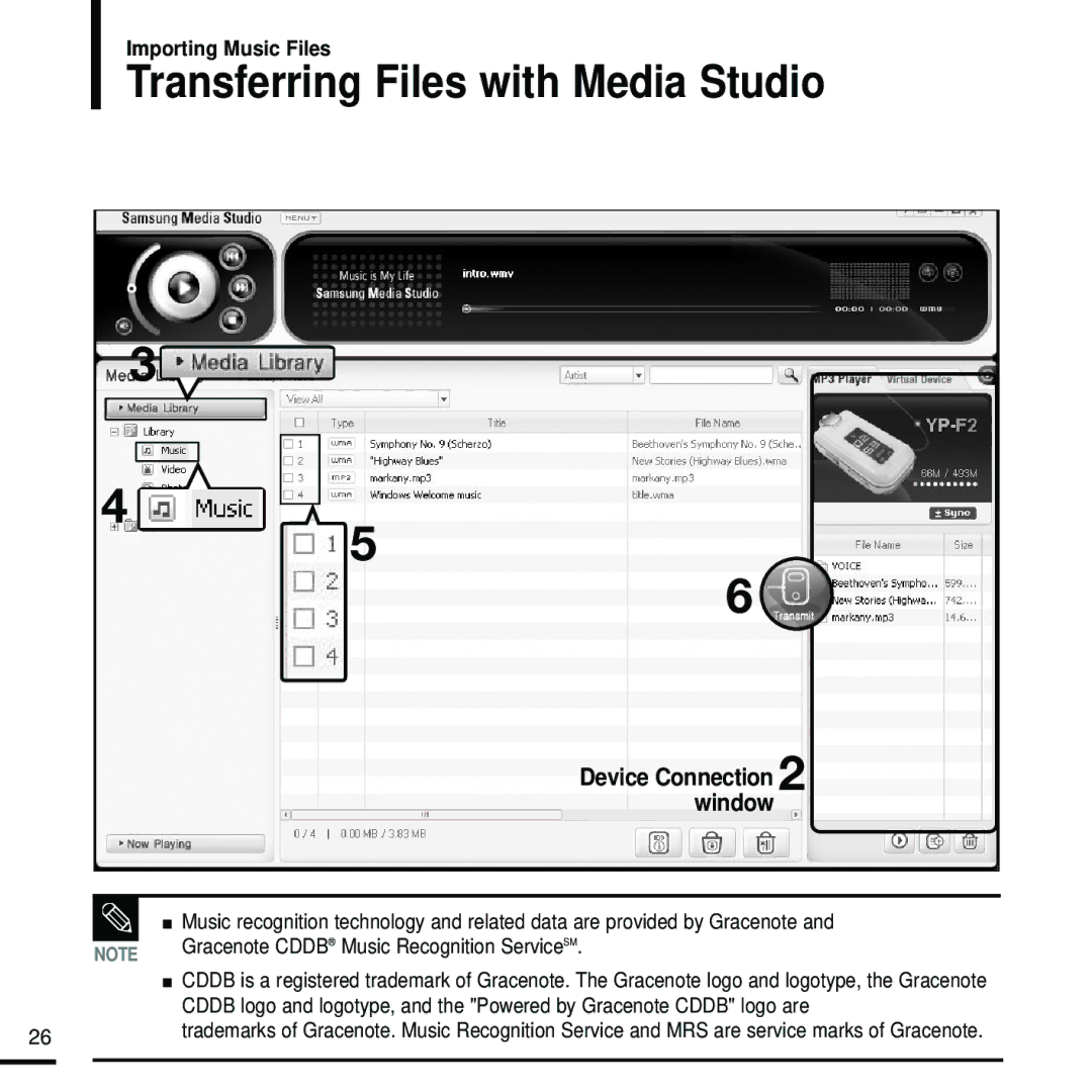 Samsung YP-F2RZW/XEH, YP-F2RZB/ELS, YP-F2RQB/XEF manual Transferring Files with Media Studio, Device Connection 2 window 