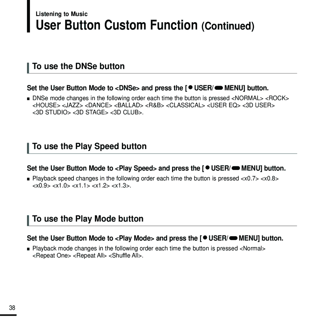 Samsung YP-F2RXB/ELS, YP-F2RZB/ELS manual To use the DNSe button, To use the Play Speed button, To use the Play Mode button 