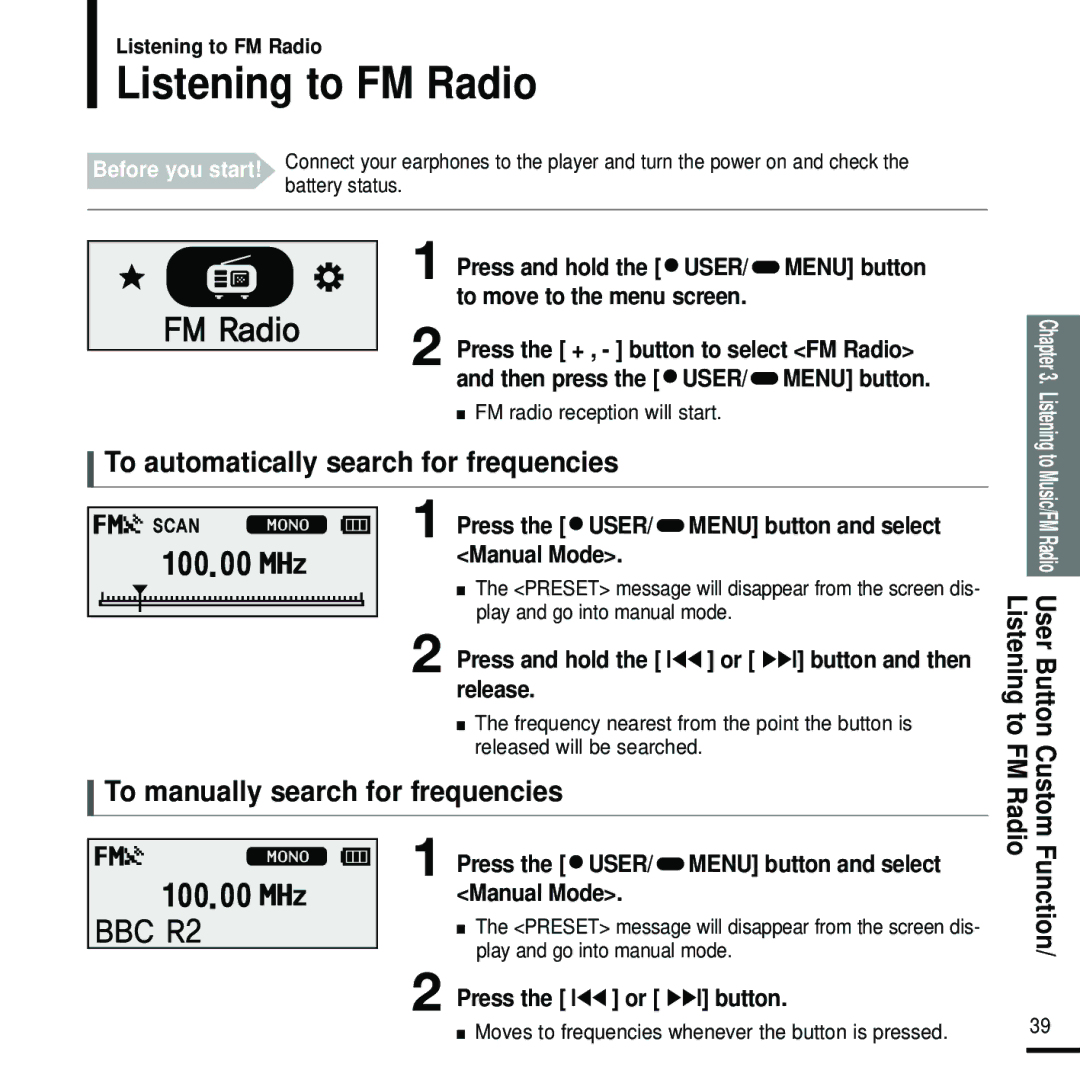 Samsung YP-F2XW/ELS Listening to FM Radio, To automatically search for frequencies, To manually search for frequencies 