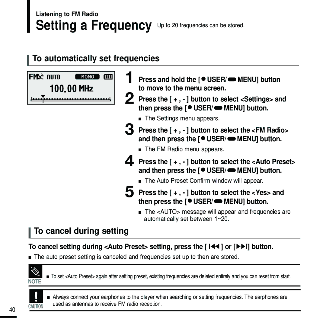 Samsung YP-F2RQB/XEH manual To automatically set frequencies, To cancel during setting, Then press the USER/ Menu button 