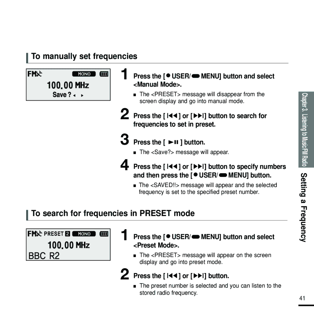 Samsung YP-F2RZW/XEH To manually set frequencies, To search for frequencies in Preset mode, Save? message will appear 