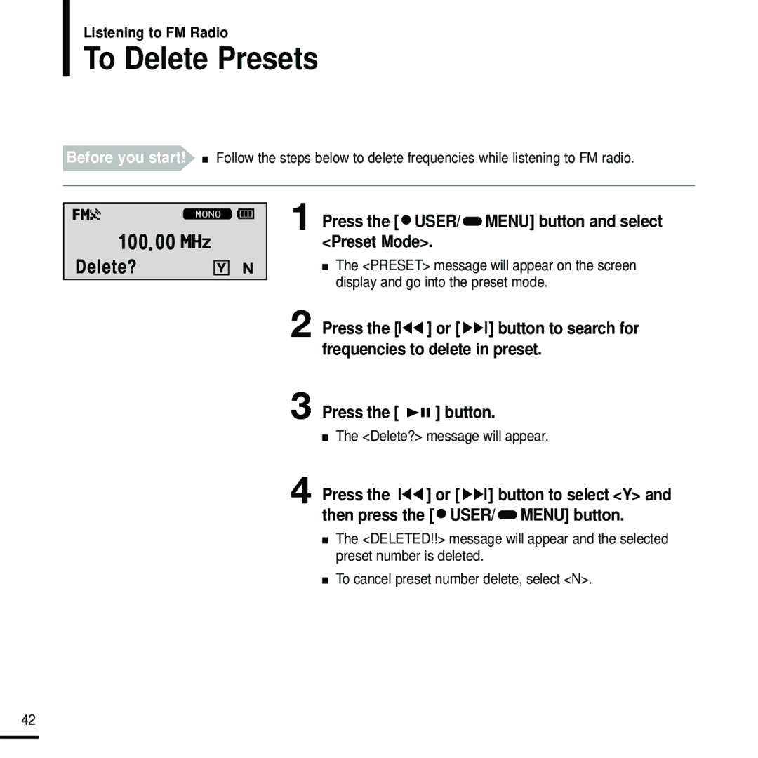 Samsung YP-F2RXB/XEE, YP-F2RZB/ELS, YP-F2RQB/XEF, YP-F2RZW/ELS, YP-F2RZW/XEF To Delete Presets, Delete? message will appear 