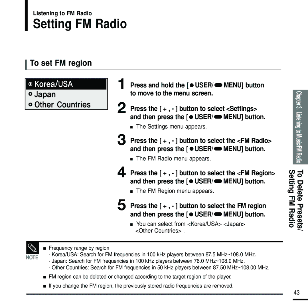 Samsung YP-F2RZB/XEE, YP-F2RZB/ELS manual Setting FM Radio, To set FM region, Settings menu appears, FM Region menu appears 