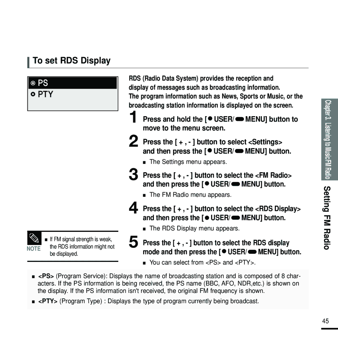 Samsung YP-F2RZB/ELS, YP-F2RQB/XEF manual To set RDS Display, RDS Display menu appears, You can select from PS and PTY 