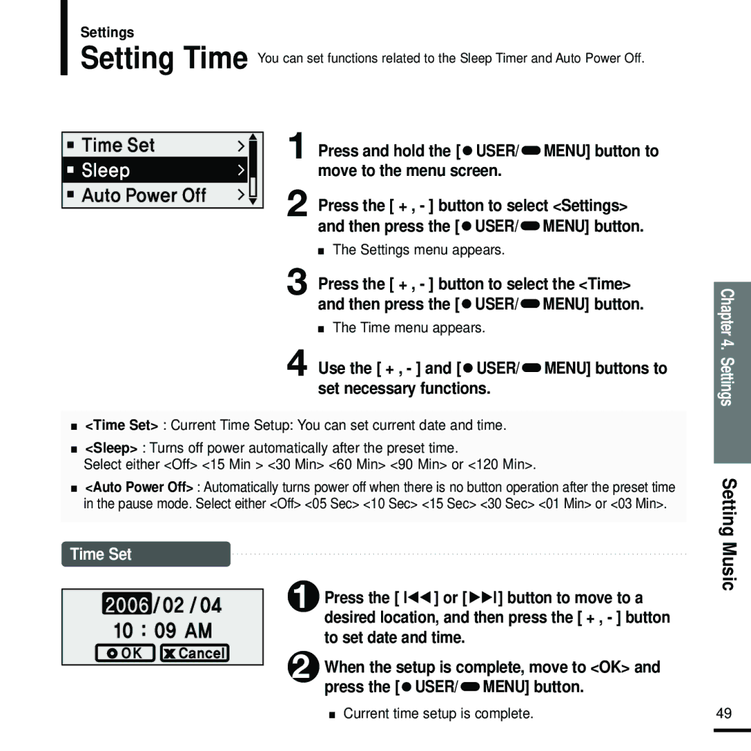 Samsung YP-F2RQB/ELS, YP-F2RZB/ELS, YP-F2RQB/XEF, YP-F2RZW/ELS, YP-F2XB/ELS Time menu appears, Current time setup is complete 