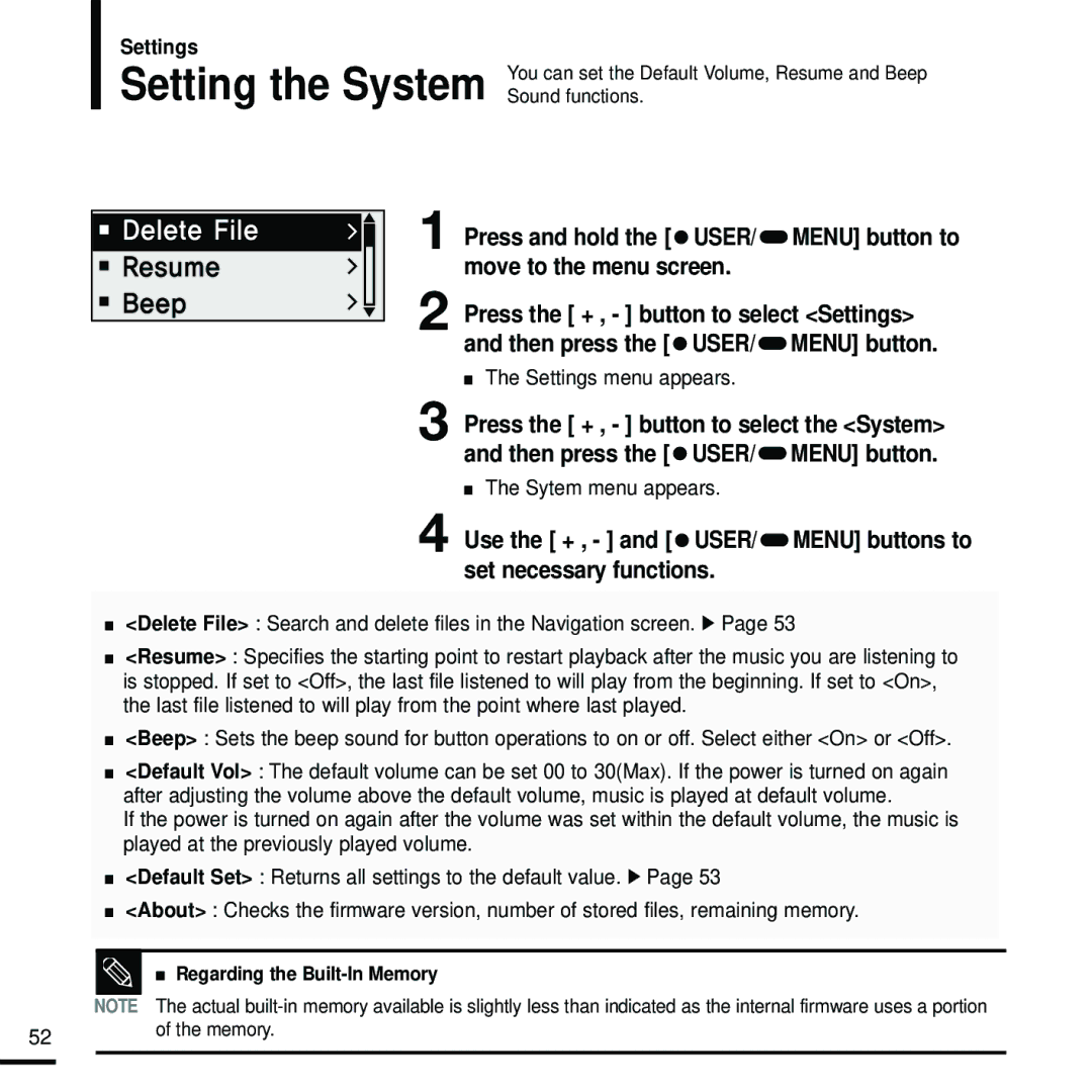 Samsung YP-F2RZW/XET, YP-F2RZB/ELS, YP-F2RQB/XEF, YP-F2RZW/ELS manual Setting the System Sound functions, Sytem menu appears 