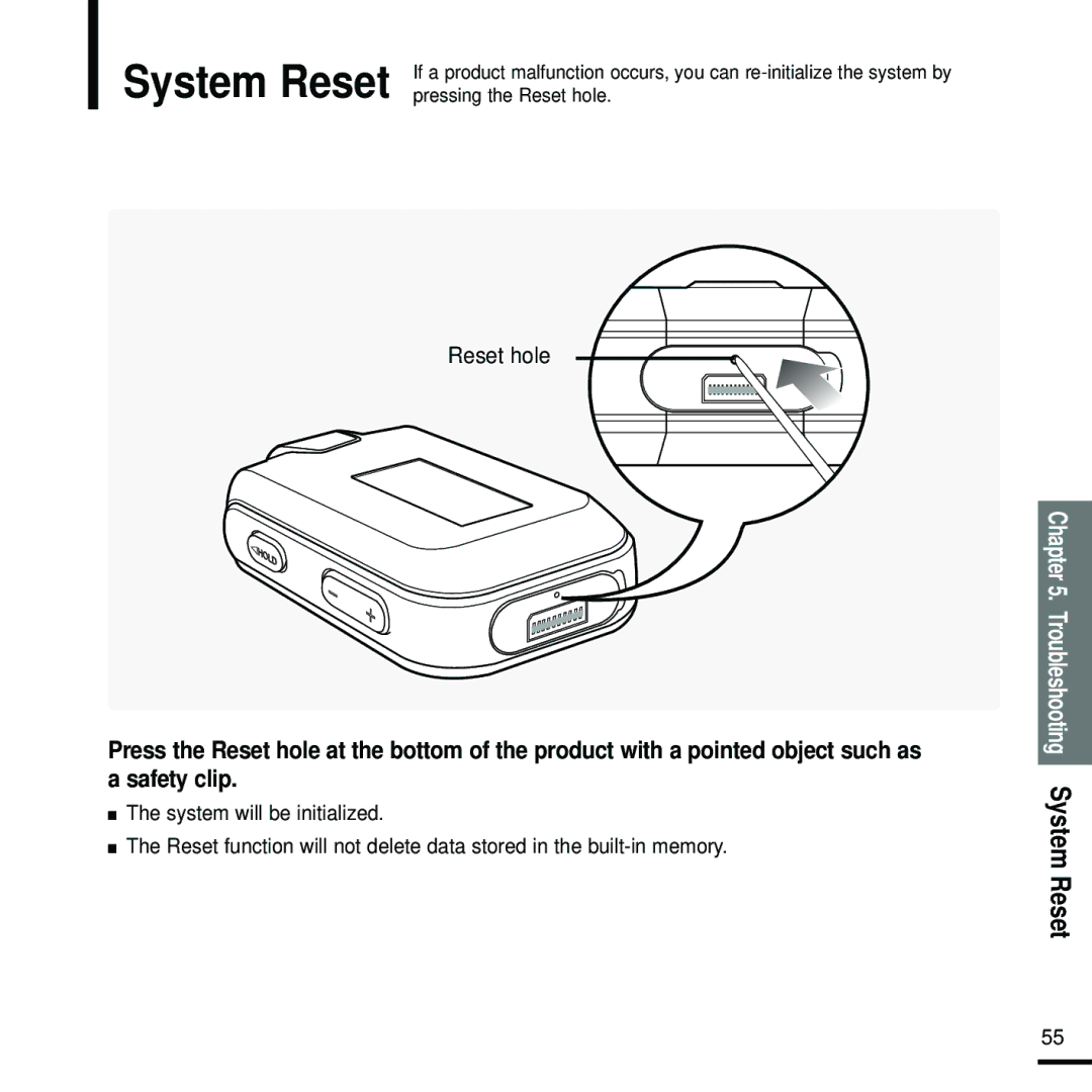 Samsung YP-F2RQB/XEH, YP-F2RZB/ELS, YP-F2RQB/XEF, YP-F2RZW/ELS, YP-F2RZW/XEF, YP-F2RQB/ELS, YP-F2XB/ELS manual System Reset 