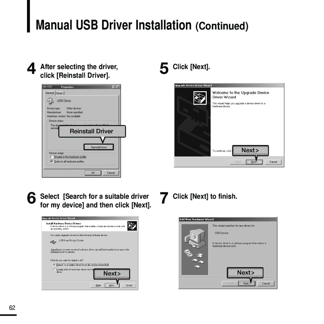 Samsung YP-F2RZW/ELS, YP-F2RZB/ELS, YP-F2RQB/XEF, YP-F2RZW/XEF, YP-F2RQB/ELS manual Manual USB Driver Installation, Click Next 