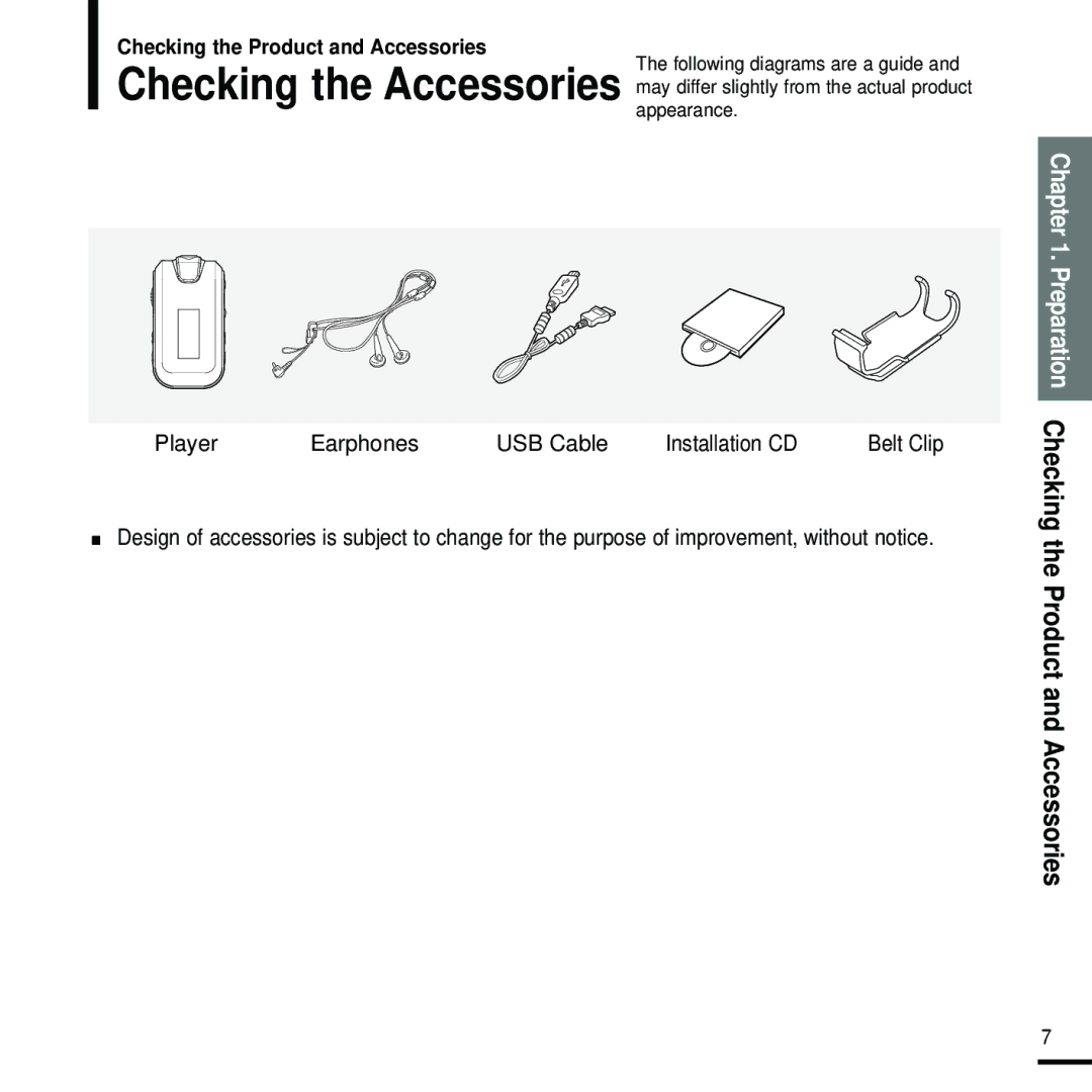 Samsung YP-F2RZW/XET manual Preparation Checking the Product and Accessories, Player Earphones USB Cable Installation CD 