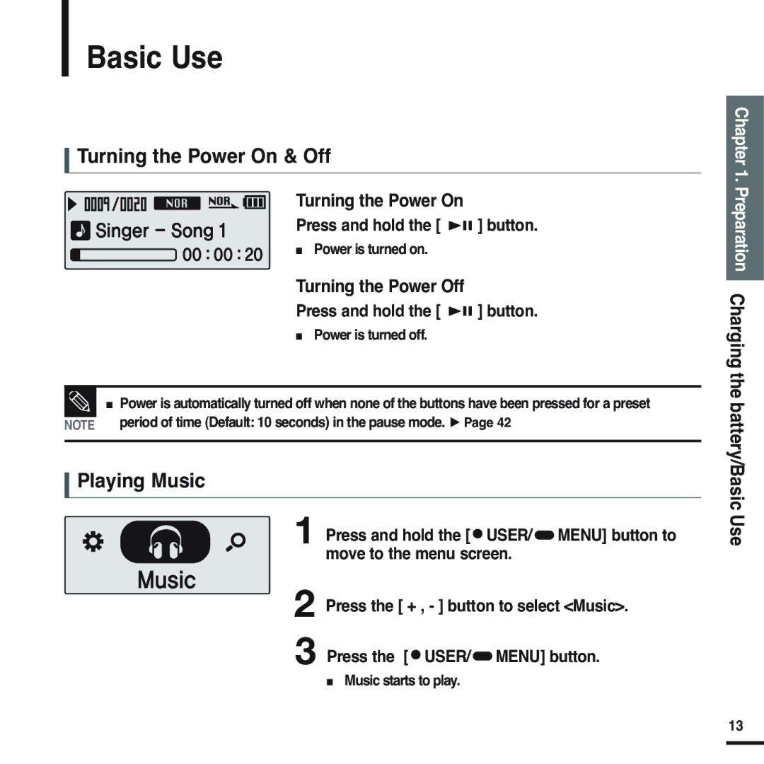 Samsung YP-F2RZB/XEE, YP-F2RZB/ELS manual Basic Use, Turning the Power On & Off, Playing Music, Press and hold the button 