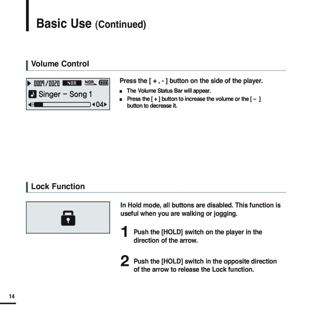 Samsung YP-F2RQB/XEE, YP-F2RZB/ELS manual Volume Control, Lock Function, Press the + , button on the side of the player 