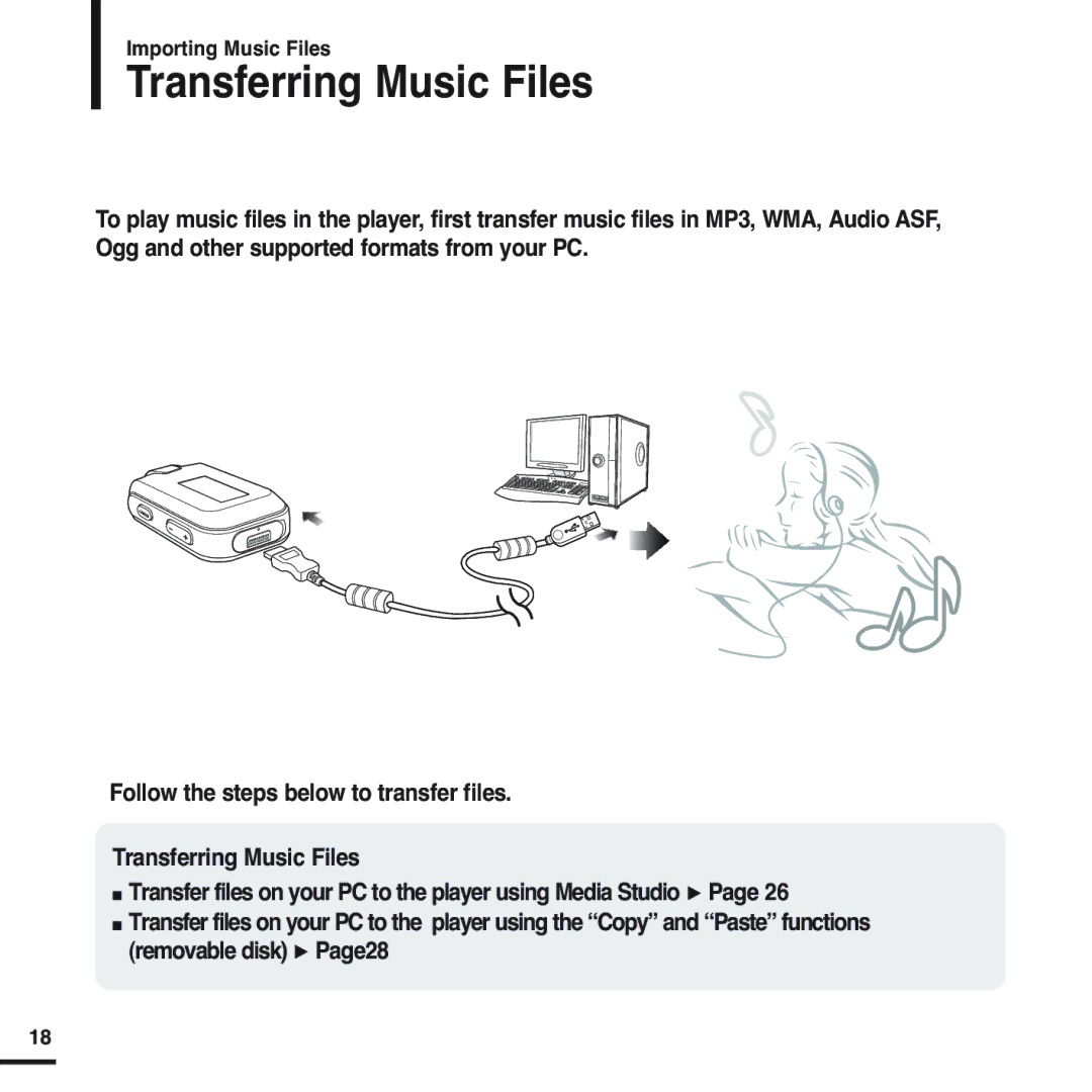 Samsung YP-F2RZW/XEF, YP-F2RZB/ELS, YP-F2RQB/XEF, YP-F2RZW/ELS, YP-F2RQB/ELS Transferring Music Files, Importing Music Files 