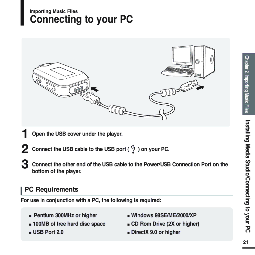 Samsung YP-F2RQB/XET, YP-F2RZB/ELS, YP-F2RQB/XEF, YP-F2RZW/ELS, YP-F2RZW/XEF manual Connecting to your PC, PC Requirements 