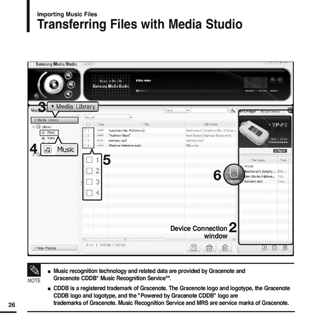 Samsung YP-F2RZW/XEH, YP-F2RZB/ELS, YP-F2RQB/XEF, YP-F2RZW/ELS, YP-F2RZW/XEF, YP-F2XB/ELS Transferring Files with Media Studio 