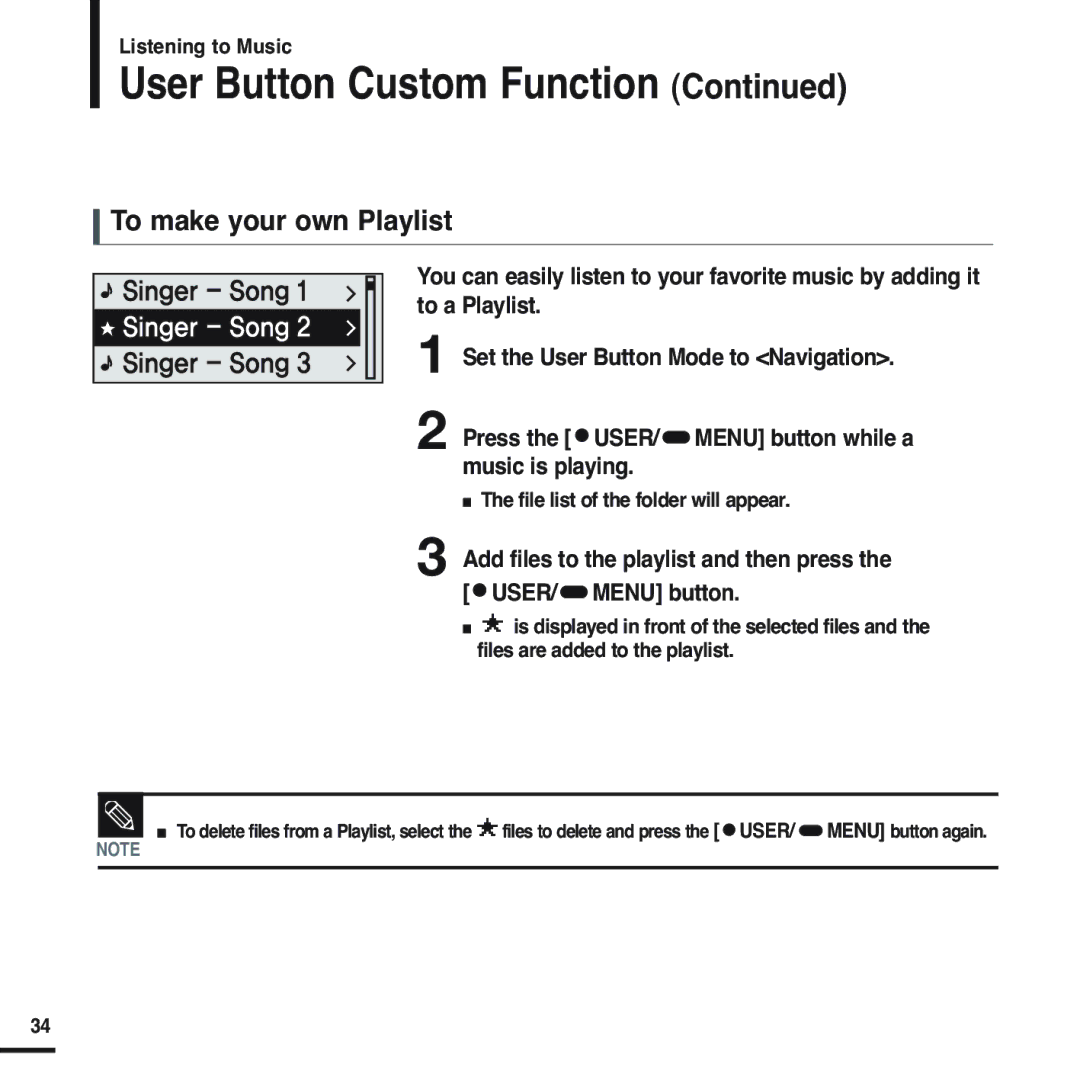 Samsung YP-F2RQB/ELS manual User Button Custom Function, To make your own Playlist, File list of the folder will appear 