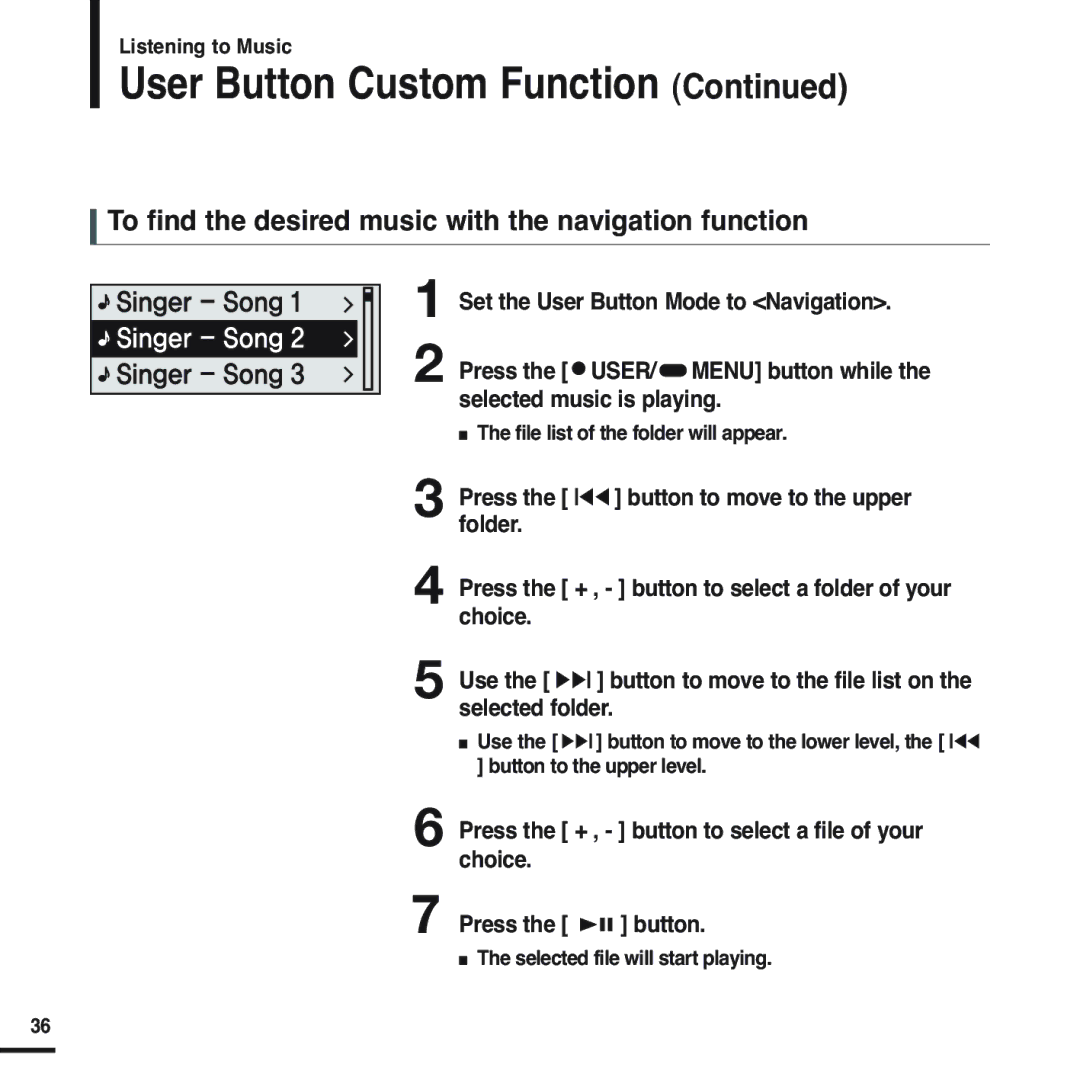 Samsung YP-F2RQB/XET To find the desired music with the navigation function, Press the USER/ Menu button while, Folder 