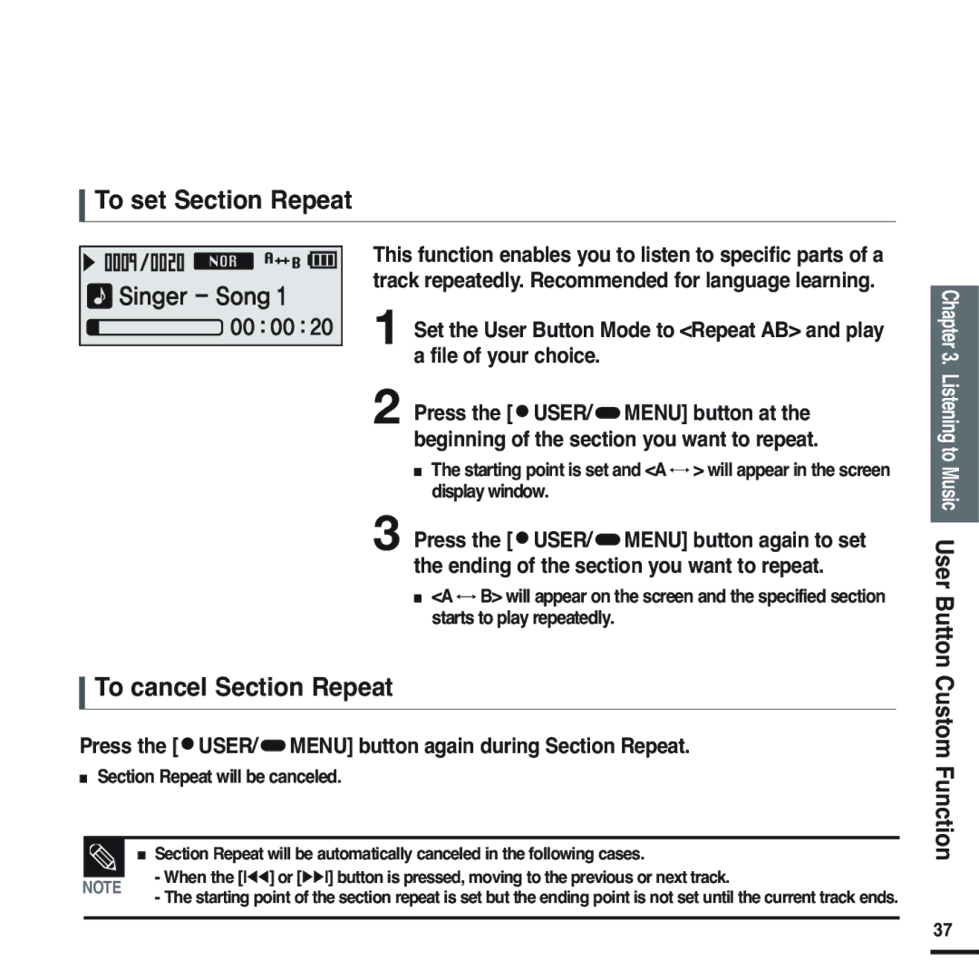 Samsung YP-F2RZW/XET, YP-F2RZB/ELS manual To set Section Repeat, To cancel Section Repeat, Section Repeat will be canceled 