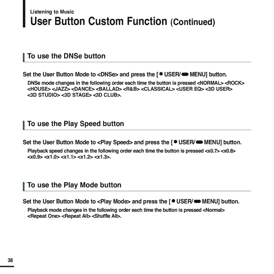 Samsung YP-F2RXB/ELS, YP-F2RZB/ELS manual To use the DNSe button, To use the Play Speed button, To use the Play Mode button 