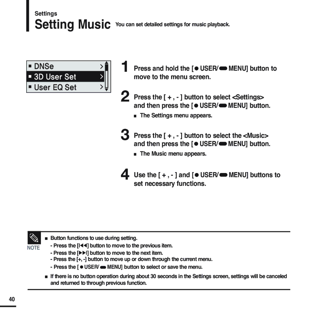 Samsung YP-F2RQB/XEH, YP-F2RZB/ELS, YP-F2RQB/XEF, YP-F2RZW/ELS, YP-F2RZW/XEF Press and hold, Settings, Menu button to 