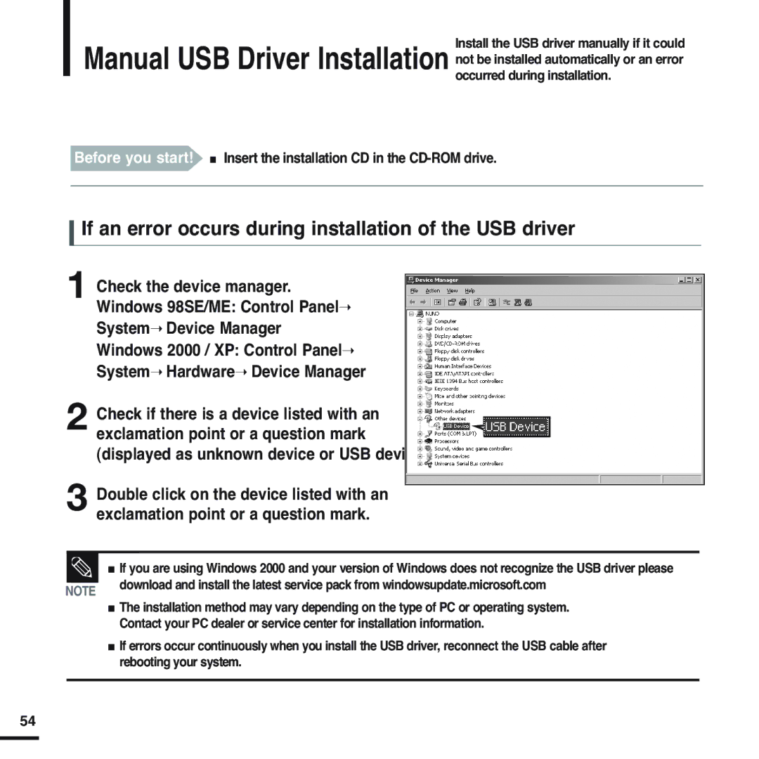 Samsung YP-F2XW/ELS, YP-F2RZB/ELS, YP-F2RQB/XEF, YP-F2RZW/ELS manual If an error occurs during installation of the USB driver 