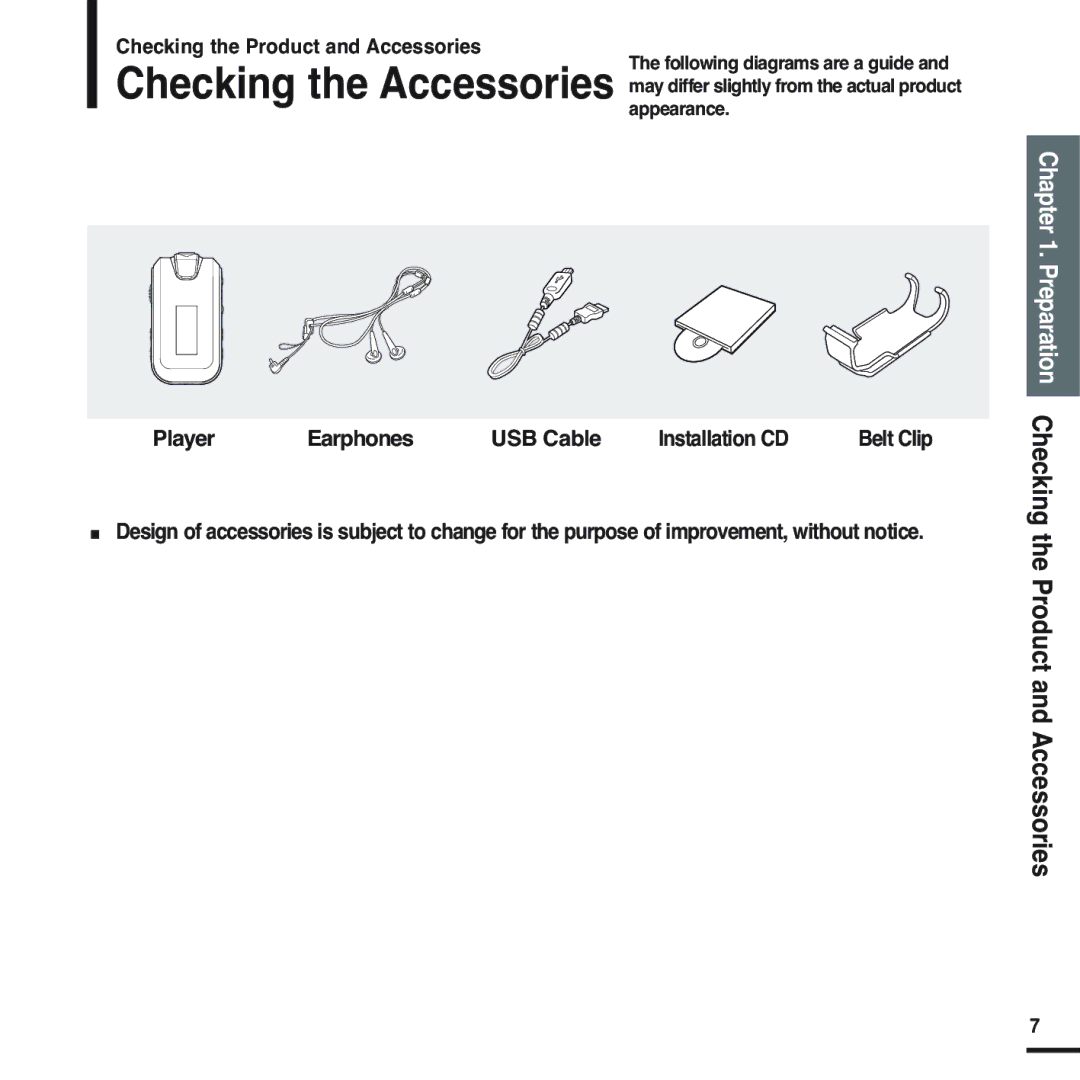 Samsung YP-F2RZW/XET manual Preparation Checking the Product and Accessories, Player Earphones USB Cable Installation CD 