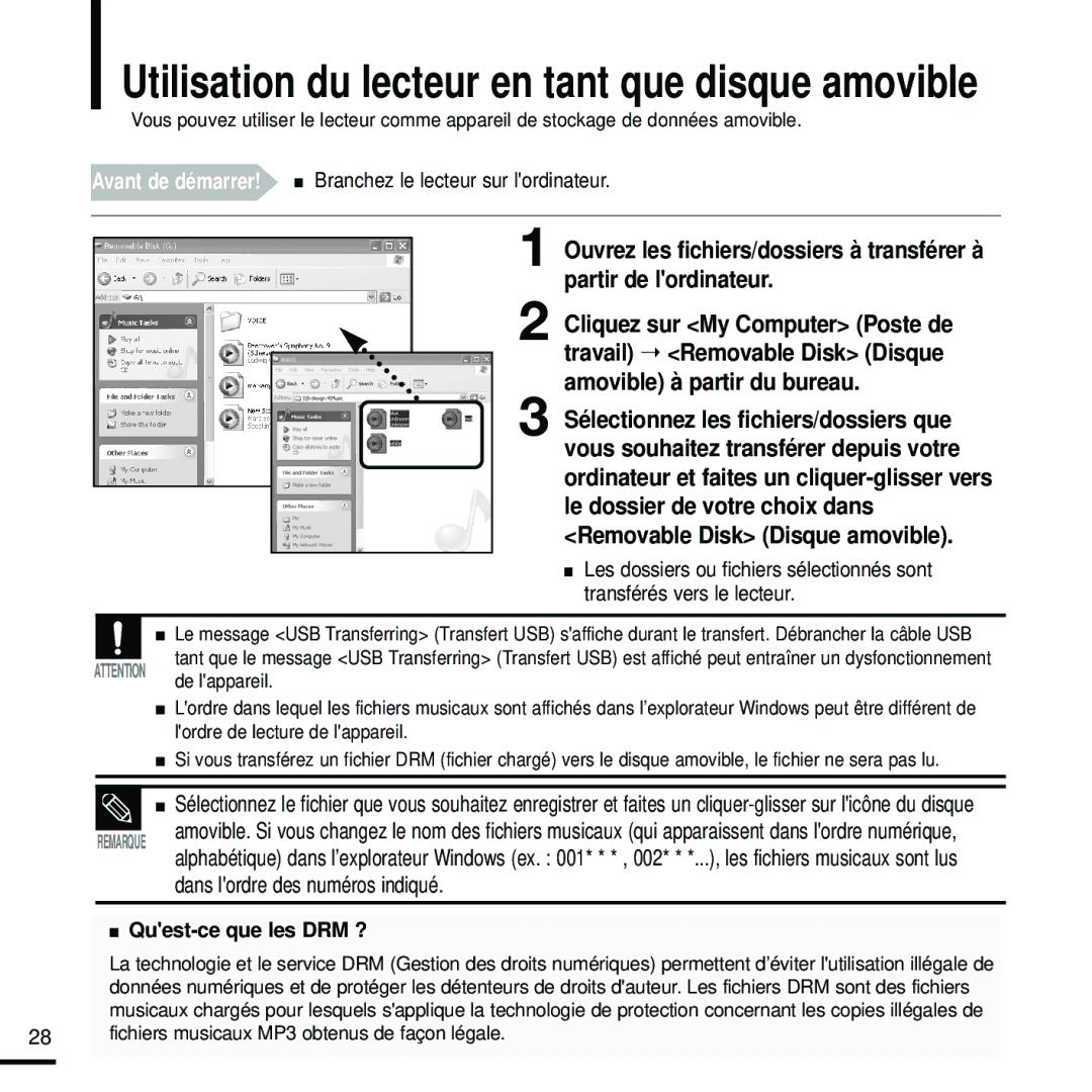 Samsung YP-F2RZW/XEF, YP-F2RZB/ELS Utilisation du lecteur en tant que disque amovible, Dans lordre des numéros indiqué 