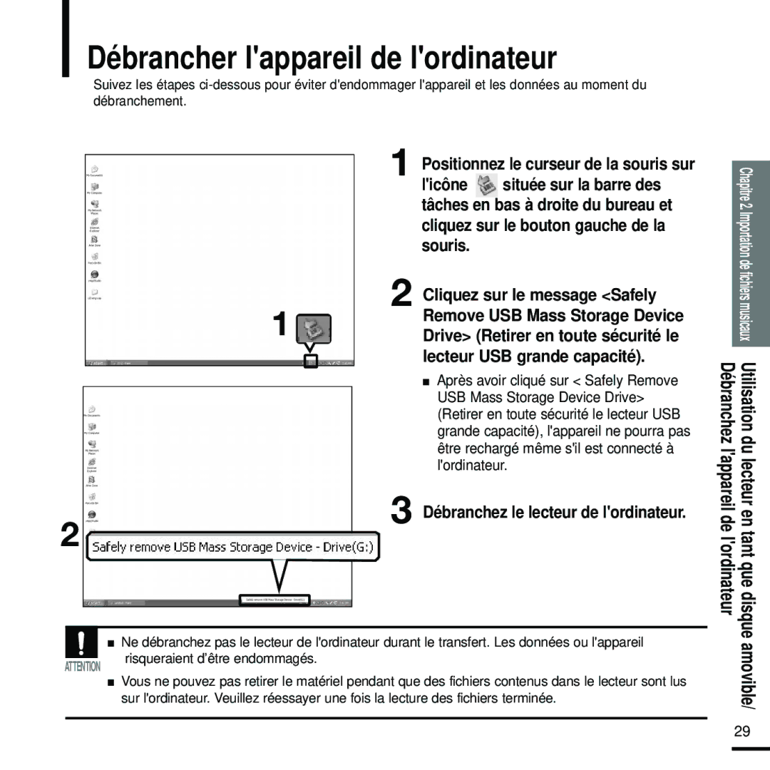 Samsung YP-F2RQB/ELS, YP-F2RZB/ELS manual Débrancher lappareil de lordinateur, Positionnez le curseur de la souris sur 