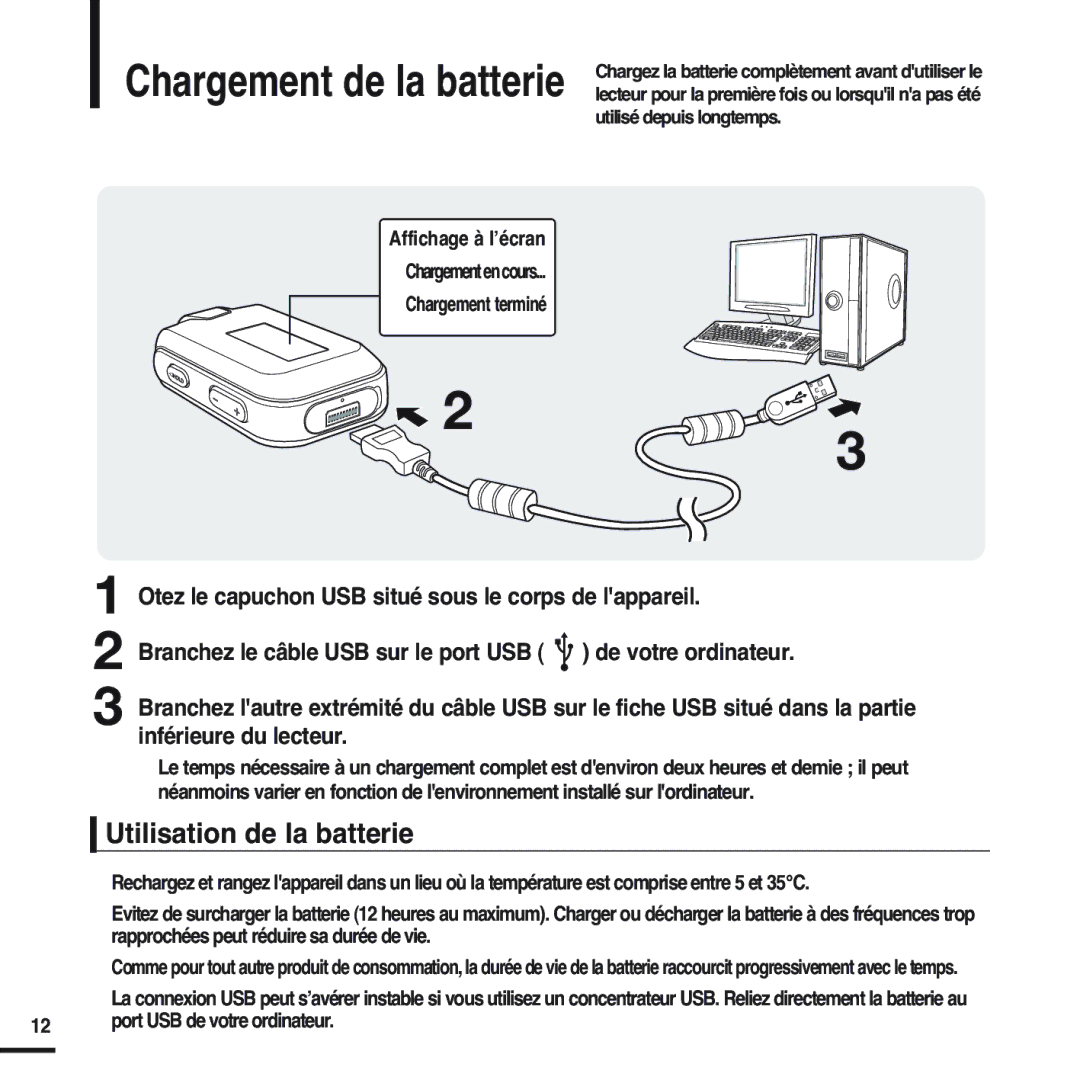 Samsung YP-F2RZW/ELS, YP-F2RZB/ELS, YP-F2RQB/XEF Chargement de la batterie, Utilisation de la batterie, Affichage à l’écran 