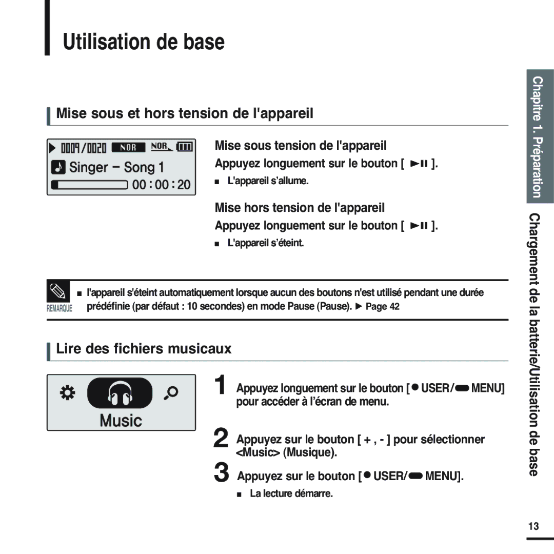 Samsung YP-F2RZW/XEF, YP-F2RZB/ELS Utilisation de base, Mise sous et hors tension de lappareil, Lire des fichiers musicaux 