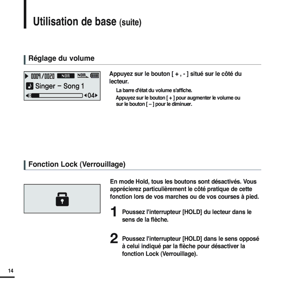 Samsung YP-F2RQB/ELS, YP-F2RZB/ELS, YP-F2RQB/XEF Utilisation de base suite, Réglage du volume, Fonction Lock Verrouillage 