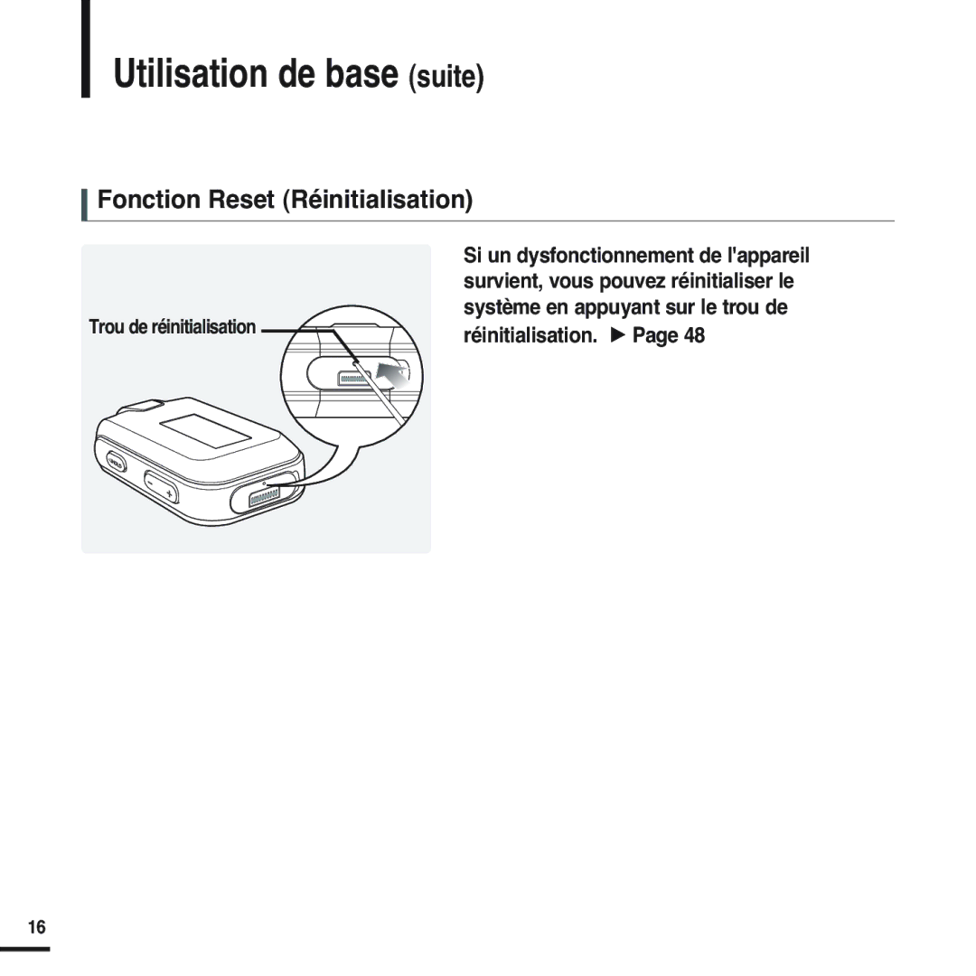 Samsung YP-F2RQB/XEF, YP-F2RZB/ELS, YP-F2RZW/ELS, YP-F2RZW/XEF, YP-F2RQB/ELS manual Fonction Reset Réinitialisation 